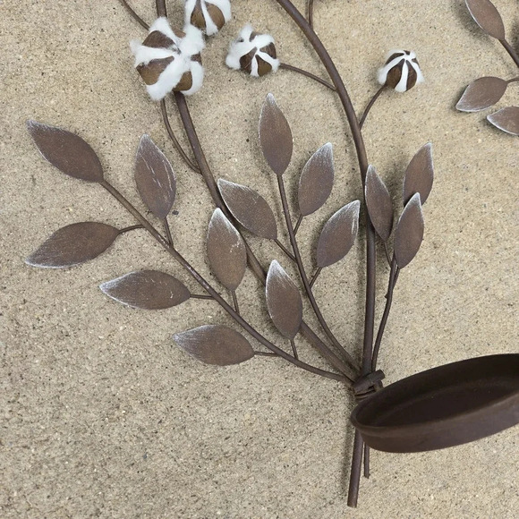 Rustic Metal Cotton Stem Hanging Wall Candle Sconces Pair Farmhouse Decor - Picture 3 of 10